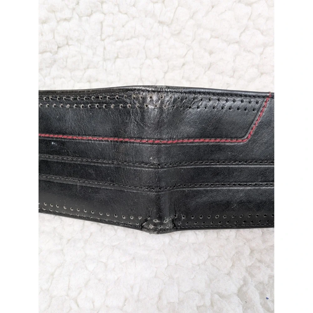 Tumi Mens Black Leather Perforated Bifold Wallet Red Stitching Slim Billfold